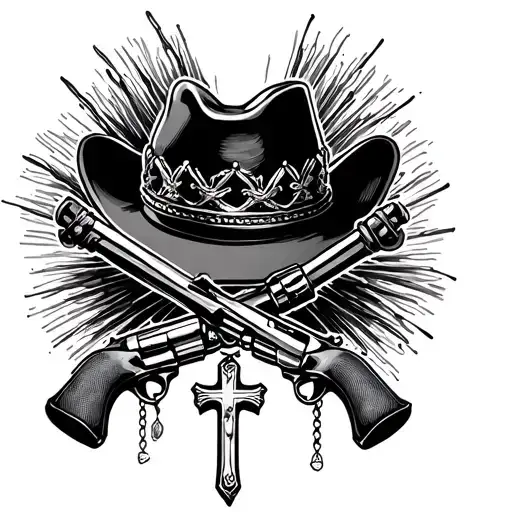 cowboy hat with a cross with bobwire crown hanging with revolvers crossed tattoo design idea