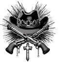 cowboy hat with a cross with bobwire crown hanging with revolvers crossed tattoo design idea
