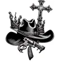 cowboy hat with a cross with bobwire crown hanging with revolvers crossed tattoo design idea