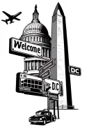 Washington monument, United states capital, welcome dc sign, dc metro bus, plane above buildings, street signs tattoo design idea