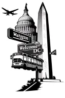 Washington monument, United states capital, welcome dc sign, dc metro bus, plane above buildings, street signs tattoo design idea