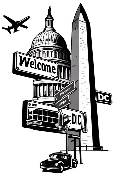 Washington monument, United states capital, welcome dc sign, dc metro bus, plane above buildings, street signs tattoo design idea