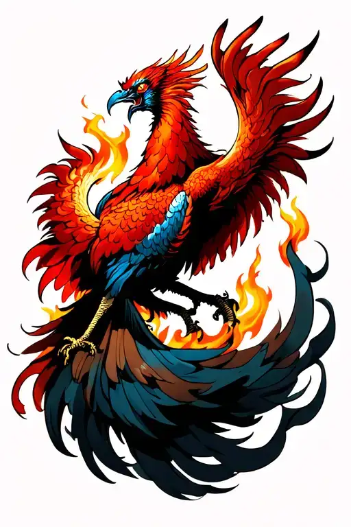 angry phoenix rising from the flames left arm sleeve tattoo design idea