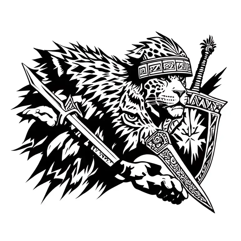 Aztec Guerrero with Jaguar hat attacking with a macahuilt or Azteca sword and in the other hand a shield tattoo design idea