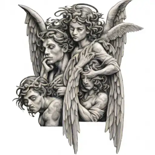 3 angels with wings one has hand on his mouth one has hands on his eyes and the las one has hands on his ears tattoo design idea