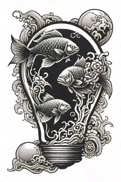 an ocean with 2 yin yang symbolic fish swimming inside of a light bulb tattoo design idea