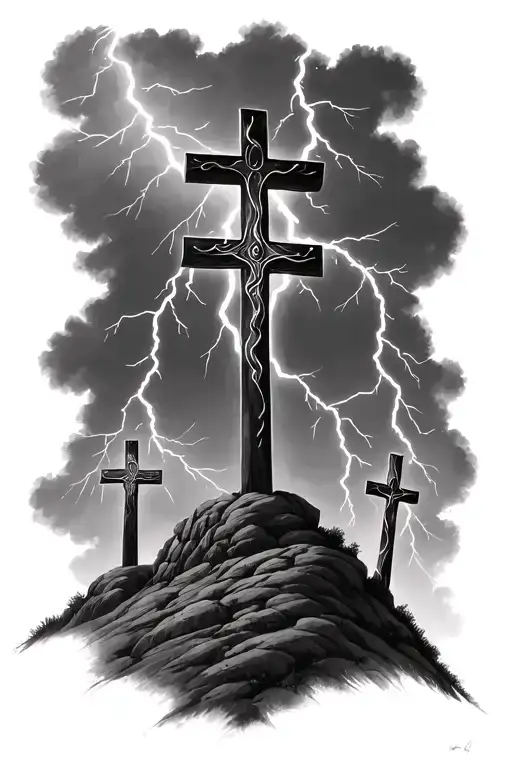3 crosses on a hill with lightning bolts tattoo design idea