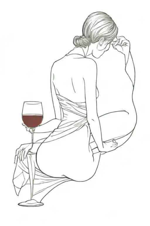 Full body silhouette of a woman from behind with her hair tied up and a glass of wine in her hand tattoo design idea