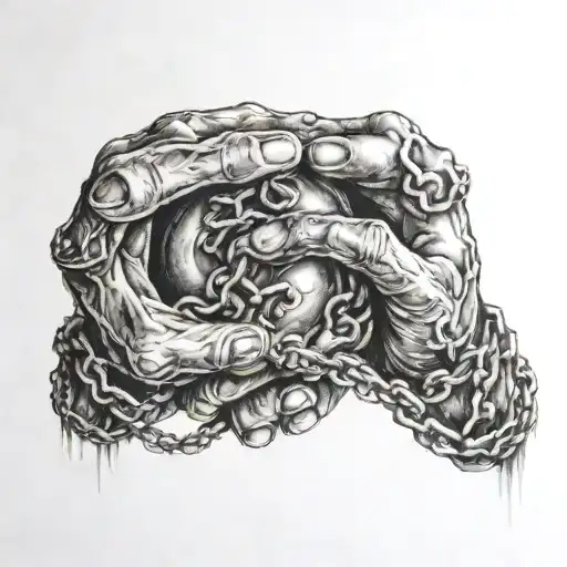 Unborn baby boy with chains on his hands inside a womb  tattoo design idea