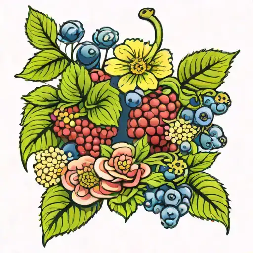 flowers, raspberries and blueberries tattoo design idea