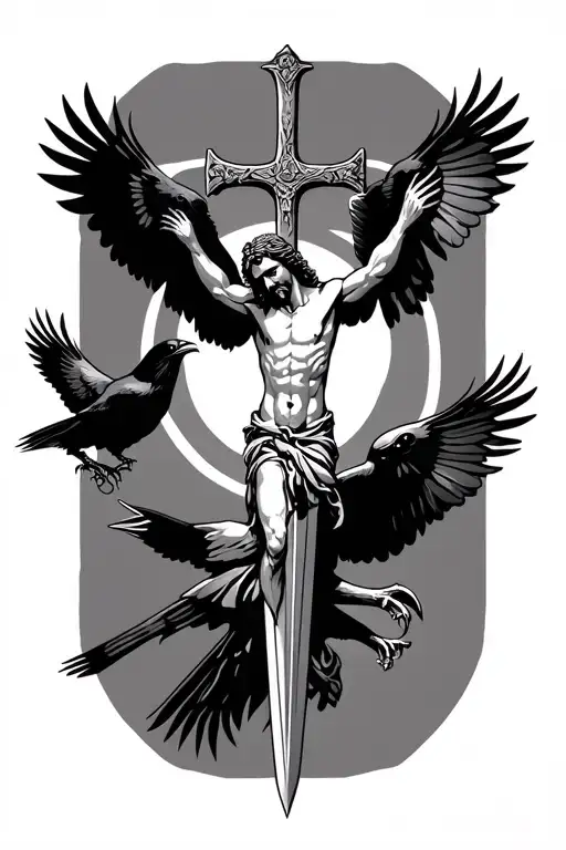 jesus on a sword cross, with crows perched and flying with claws no background tattoo design idea