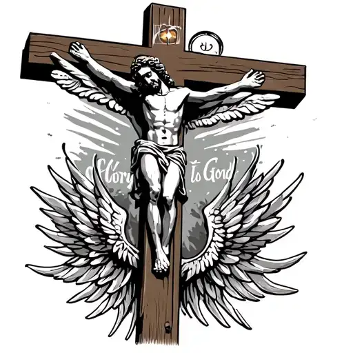 "Glory to God" "Glory to God" Calvary hill with Jesus hanging on a cross, the cross has wings and a halo tattoo design idea