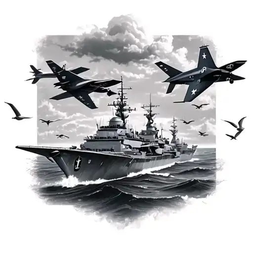 Ocean and Sky with multiple Fighter Jets and  3 Us Navy Battle ships in the water with seagulls make it realistic tattoo design idea