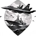 Ocean and Sky with multiple Fighter Jets and  3 Us Navy Battle ships in the water with seagulls make it realistic tattoo design idea