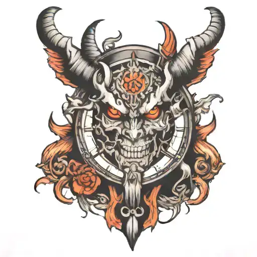 demon with watch face tattoo design idea