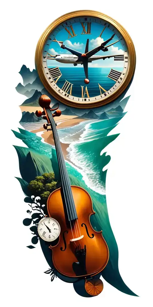musical instruments, staves, mountains, beaches, airplane, time, clock and reflection, nature tattoo design idea