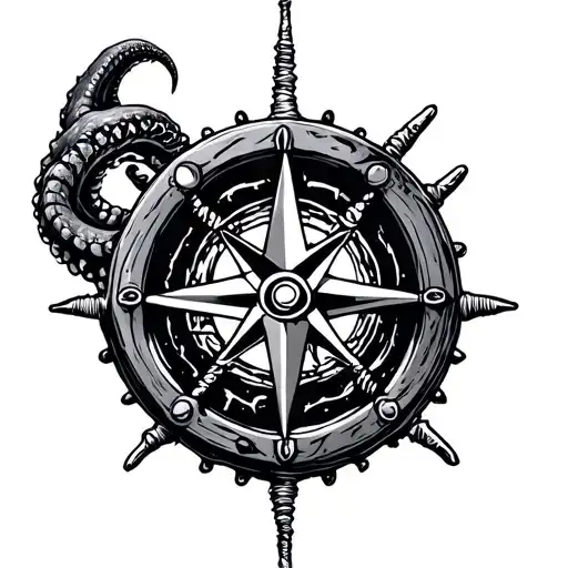 kraken, compass, helm wheel, atlantis tattoo design idea