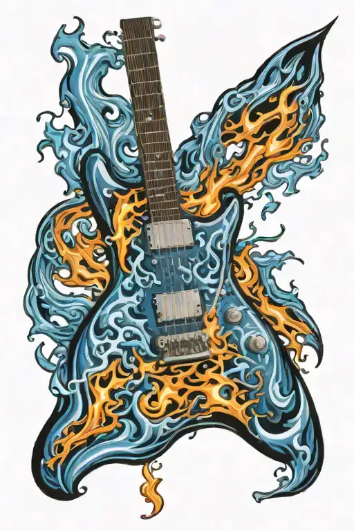 Electric guitar engulfed in blue flames with orange tips tattoo design idea