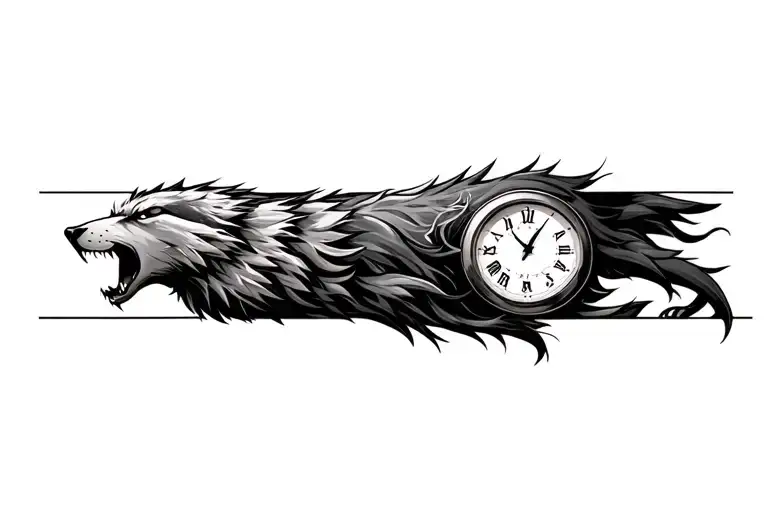 growling wolf and time clock tattoo design idea