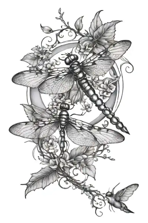 dragonflies by the moon, with hummingbirds, vines and a butterfly. tattoo design idea