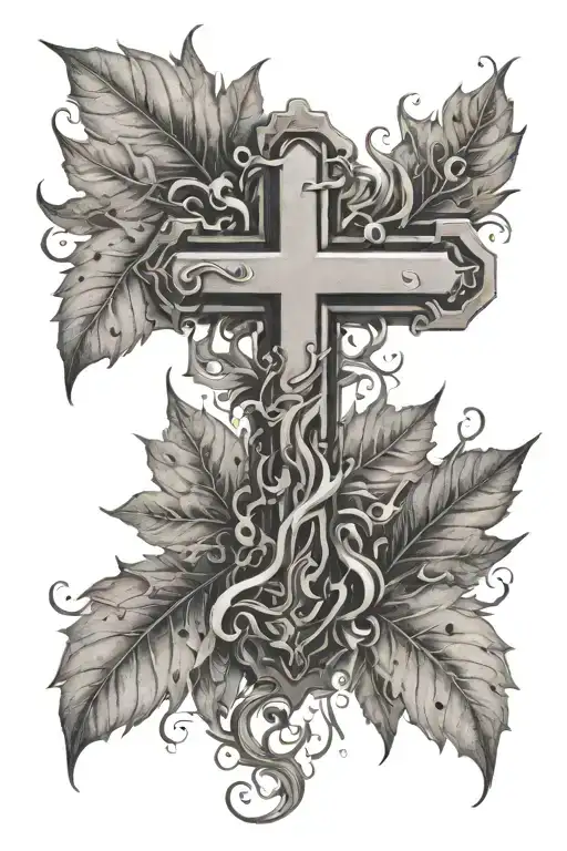 cross with fall leaves infront with smoke coming together to form tattoo design idea