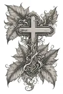 cross with fall leaves infront with smoke coming together to form tattoo design idea
