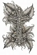 cross with fall leaves infront with smoke coming together to form tattoo design idea