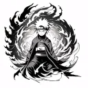 Full sleeve blackwork tattoo, Naruto-inspired design. Includes Naruto in Sage Mode, Kurama (Nine-Tails), chakra swirl pa tattoo design idea