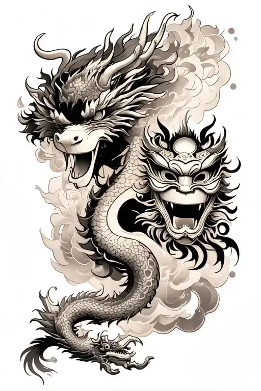 b&w sleeve with ornament on elbow, dragon around and hanya mask on bicep, background japanese smoke tattoo design idea