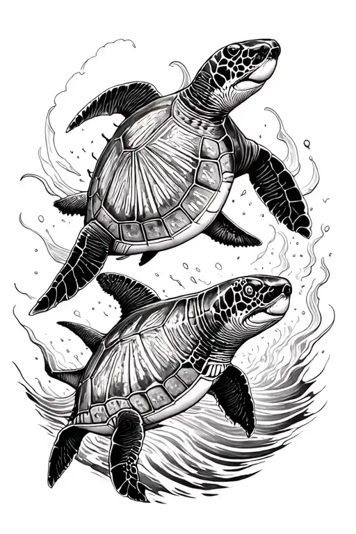 Sea turtle, Stingray, Shark, waves crashing tattoo design idea