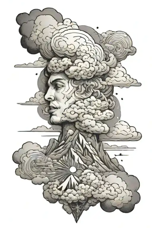 Clouds covering mountain with marcus aurelias face and galaxy tattoo design idea