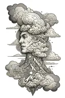 Clouds covering mountain with marcus aurelias face and galaxy tattoo design idea