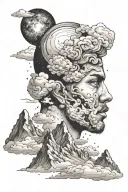 Clouds covering mountain with marcus aurelias face and galaxy tattoo design idea