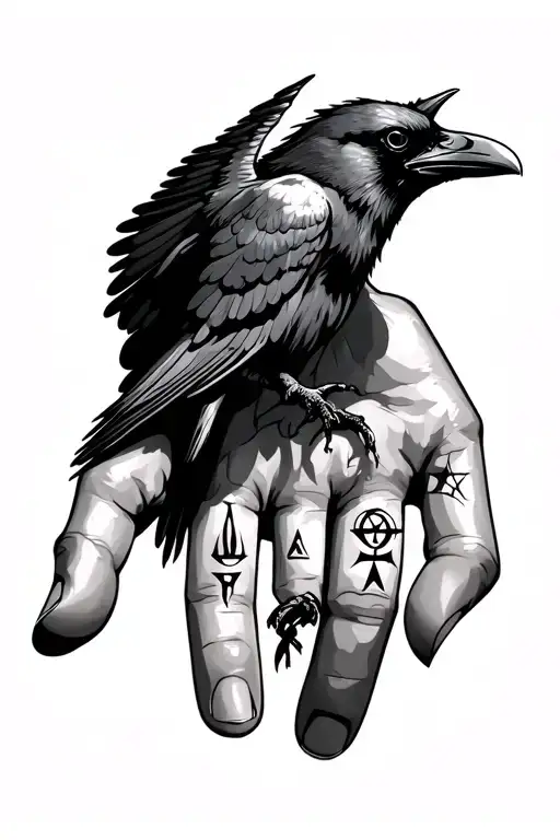 flying raven on the back of the hand, runes on the fingers: ansuz, gebo, algiz, sowilo and tiwaz (from thumb to pinky) tattoo design idea