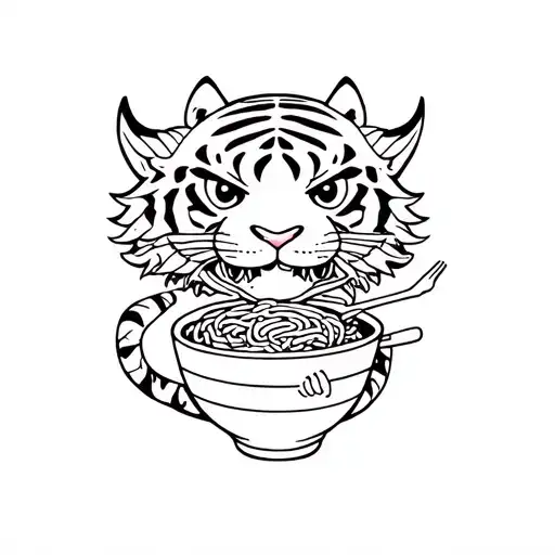 tiger and dragon eating ramen kawaii inspired fine line artwork to be placed on small wrist tattoo design idea