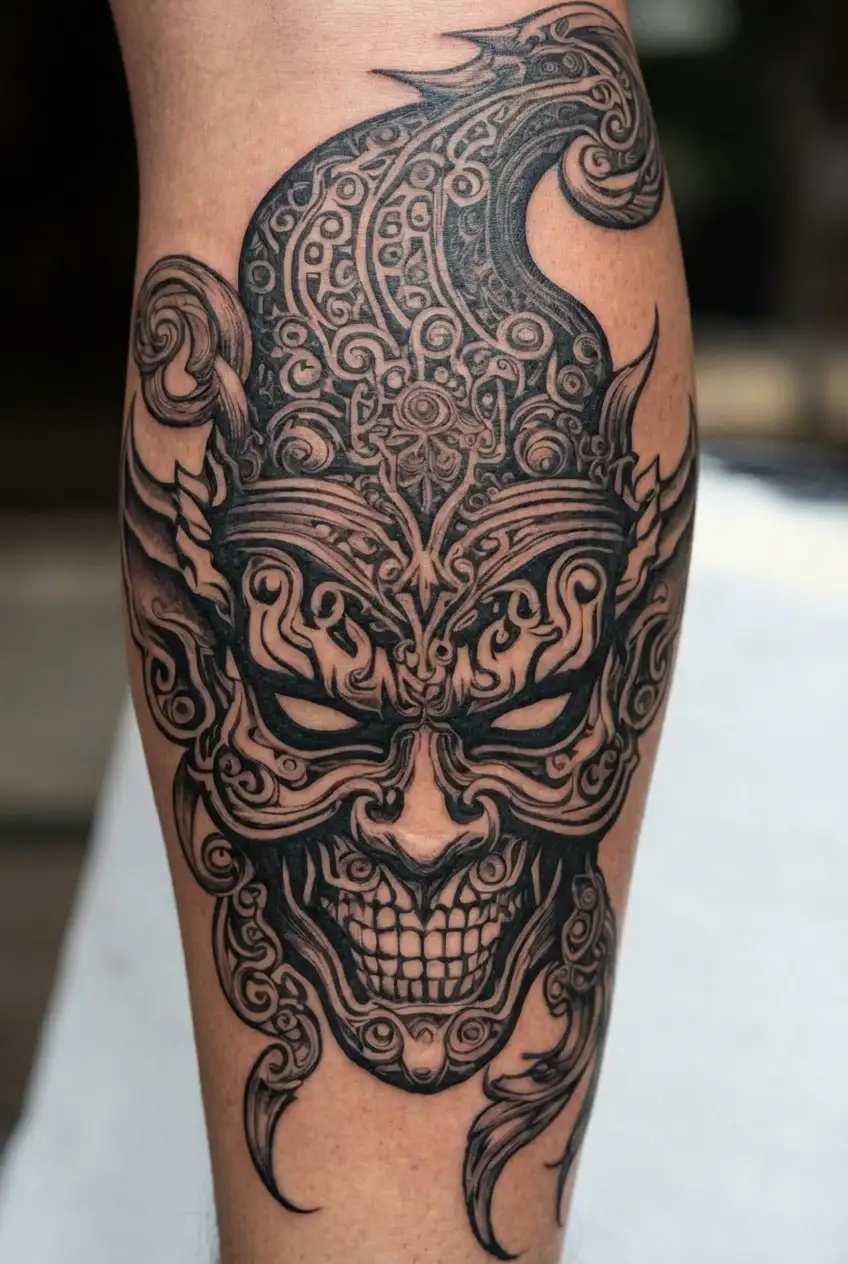 Fudog half-sleeve; wicked mask looking tattoo design idea
