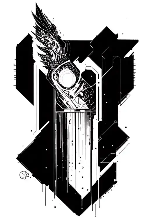 Create a sleek, cyberpunk-inspired tattoo design for the forearm. The symbol should have a vertical, elongated structure tattoo design idea