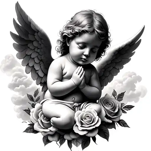 baby angel praying with clouds and roses tattoo design idea