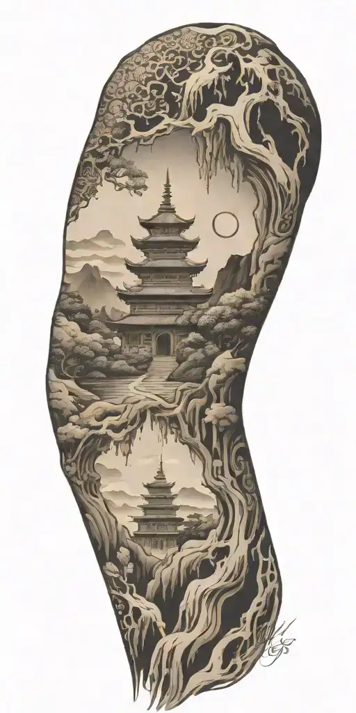 spiritual buddhist tattoo featuring a traditional scenary and nature including spiritual elements tattoo design idea