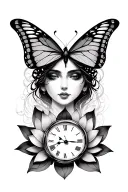 butterfly, lotus, womans face, time clock tattoo design idea