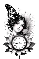 butterfly, lotus, womans face, time clock tattoo design idea