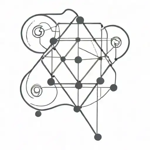 A fine-line black tattoo with geometric and abstract details, featuring a stylized atom and dopamine formula. tattoo design idea