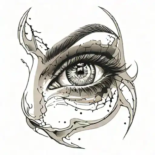 girl with long hair and tattoo on her face, vampire teeth and beautiful eyes. around blots and stains tattoo design idea