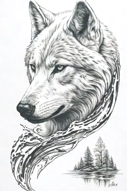 white wolf half sleeve water reflection  tattoo design idea