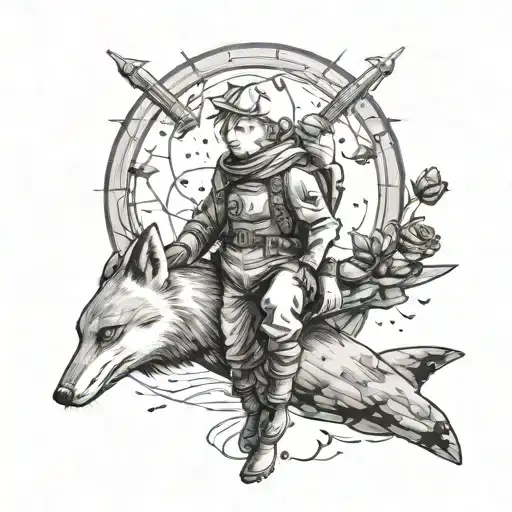 Le Petit prince on his planet with the fox and the rose with skydivers, baobab  and air planes form world war 2  tattoo design idea