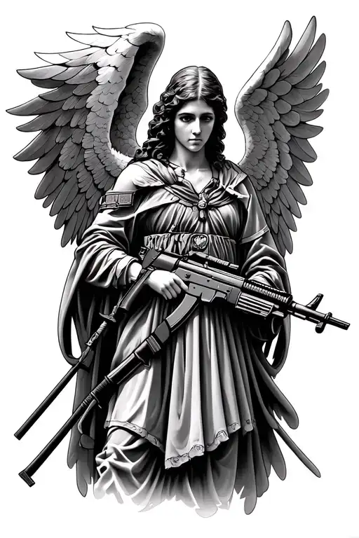 guardian angel holding ak 47 rifle tattoo design idea
