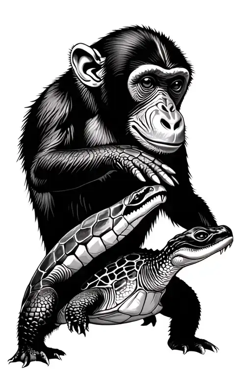monkey, turtle and crocodile playing tattoo design idea