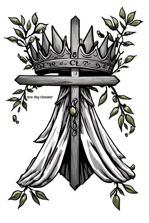 tent psalm 27 olive branch "one day closer" crown hanging on cross tattoo design idea