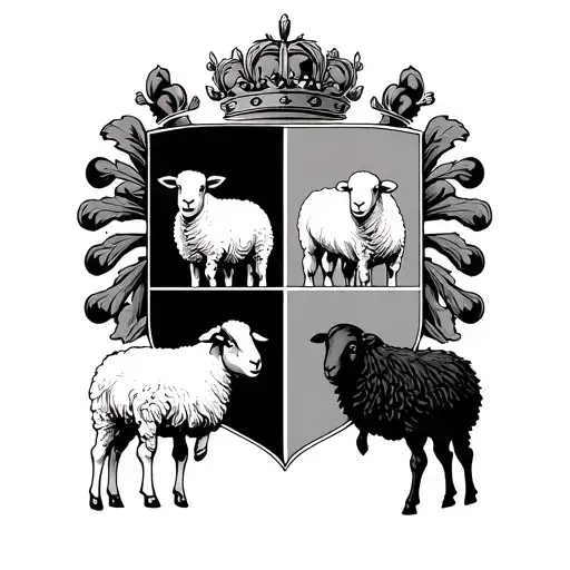 a crest 4 quadrants with a single white sheep in 3 of the quadrants all facing the same direction & a black sheep facing tattoo design idea