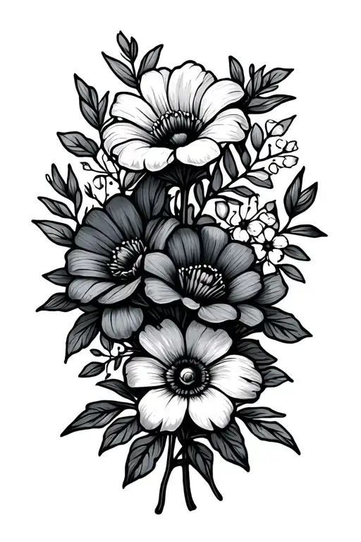 fine line flower bouquet with february, may, and december birth flower tattoo design idea